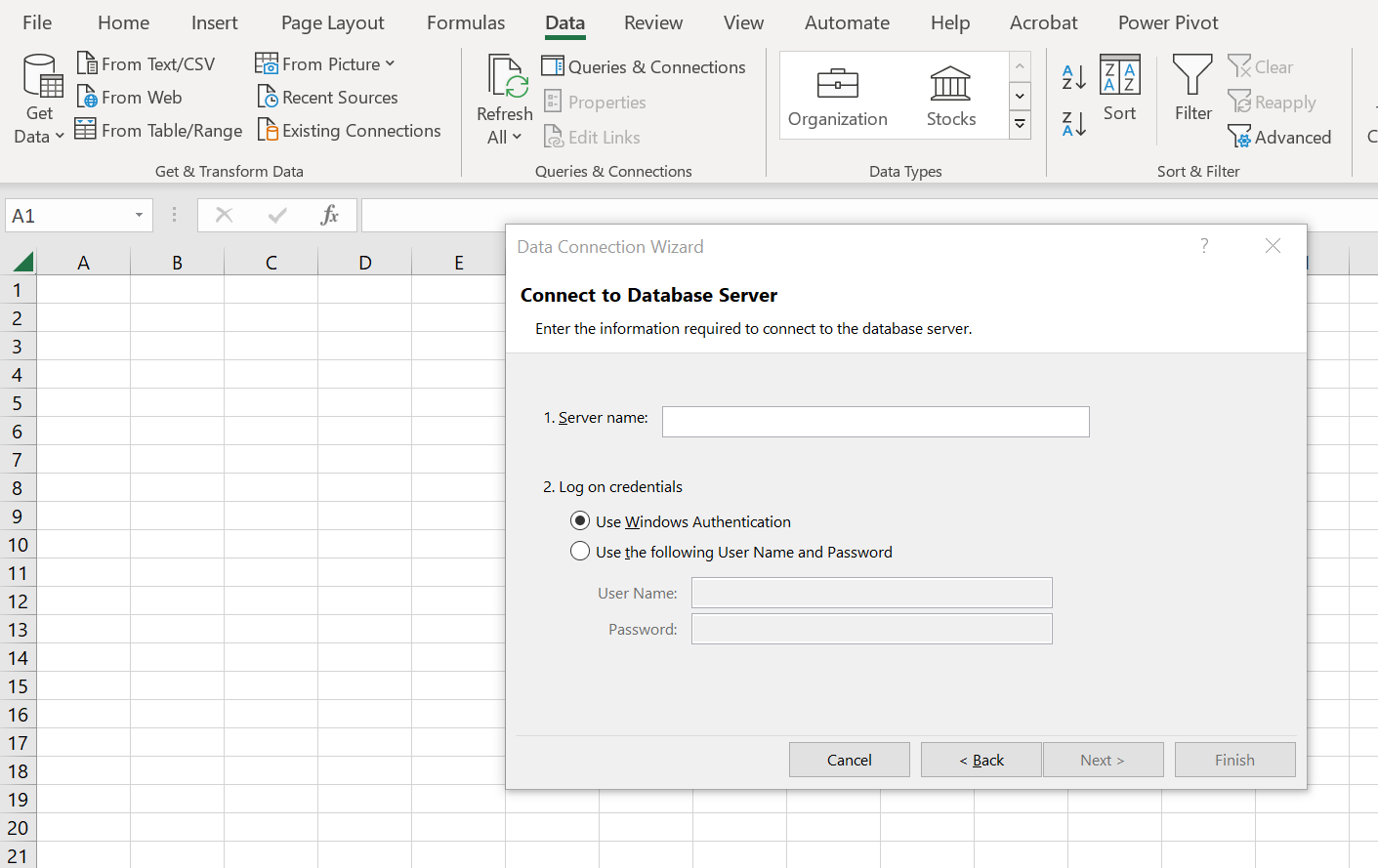Connect to Database Server in Microsoft Excel